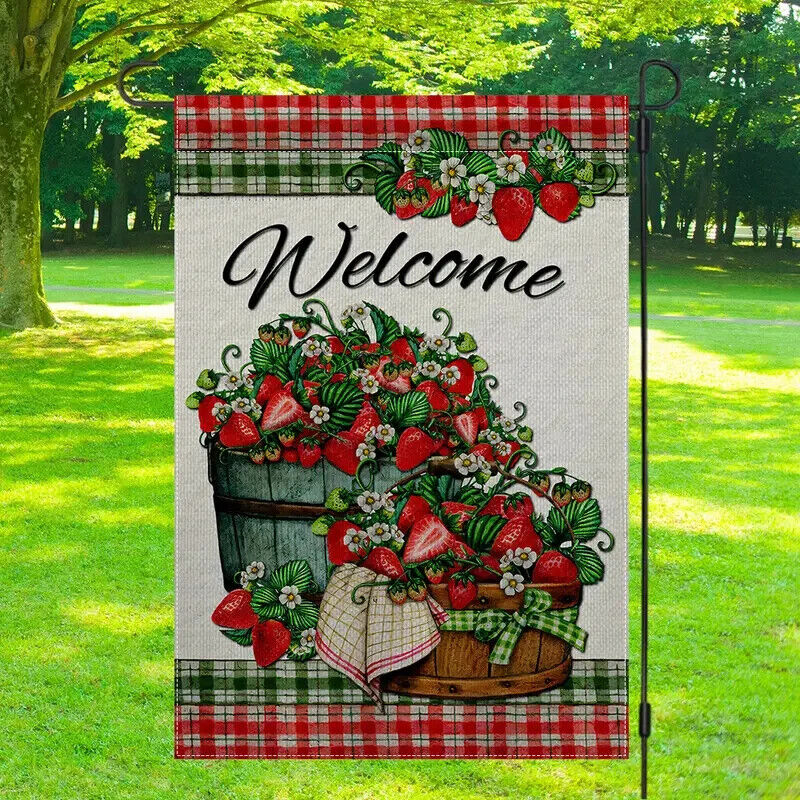 Bright Red Strawberries Welcome Burlap Garden Flag Double-Sided 12" x 18" NEW! Home & Garden:Yard, Garden & Outdoor Living:Décor:Flags Cozy Home Treasures